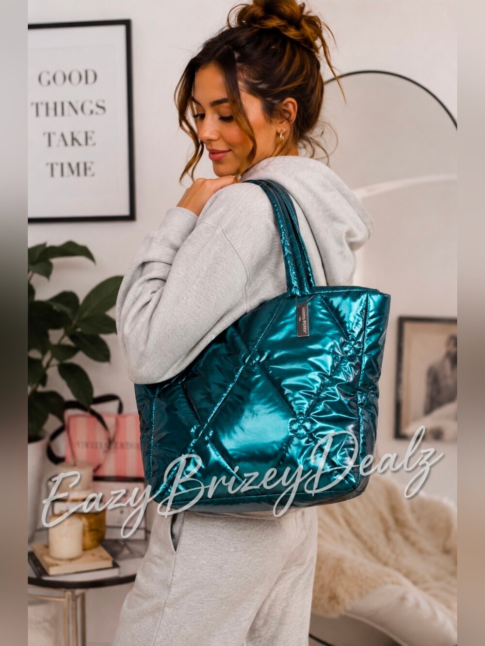 NWT Victoria’s Secret Metallic Teal Quilted Puffer Tote Bag Y2K